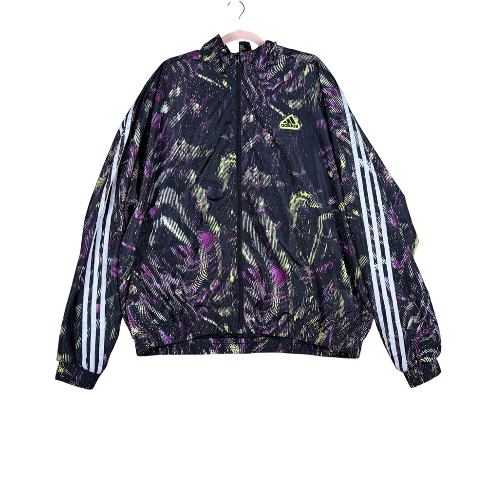 Adidas Mens HU0253 Abstract Graphic Windbreaker Jacket Black Purple Yellow 2XL